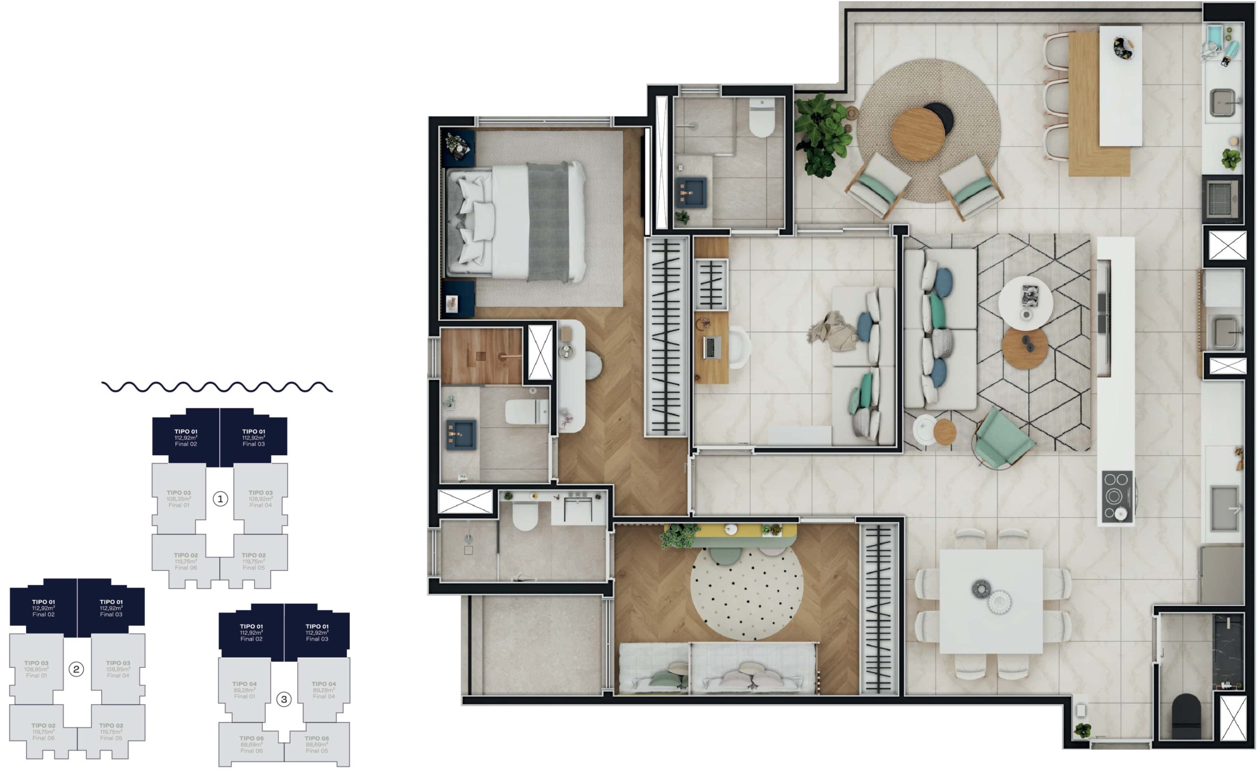 Unidade com 112,92 m² sendo 3 suites +02 vagas + hobby box<