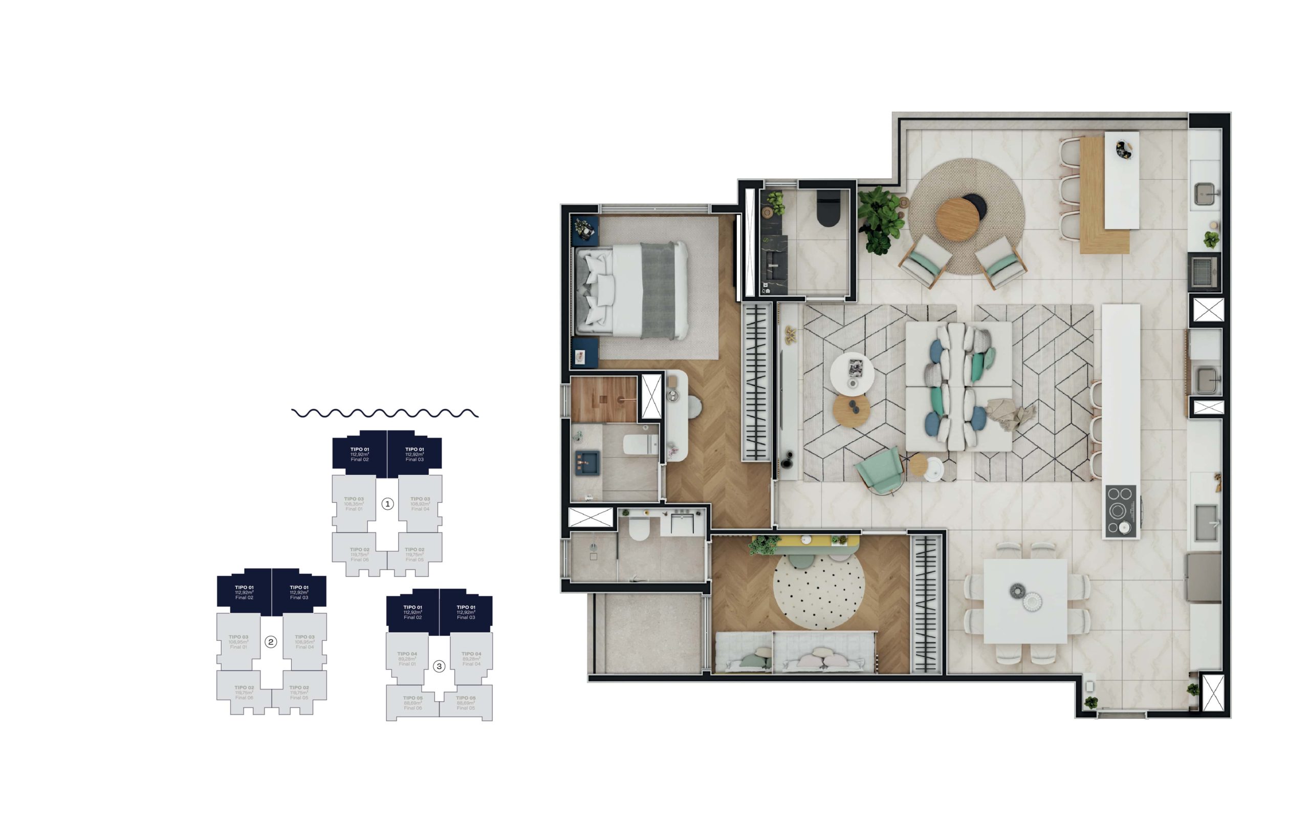 Unidade com 112,92 m² opção sala ampliada sendo 2 suites + 2 vagas + hobby box<