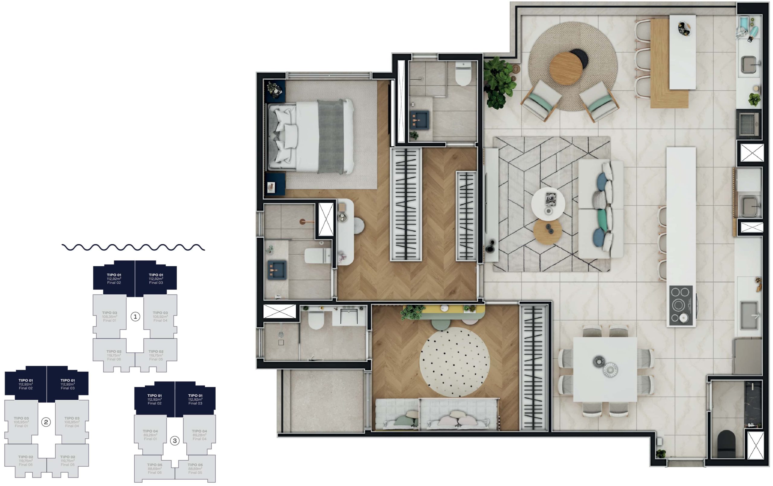 Unidade com 112,92 m² opção sala ampliada sendo 2 suites sendo a suite master com banheiro Senhor e Senhora + 2 vagas + Hobby box<