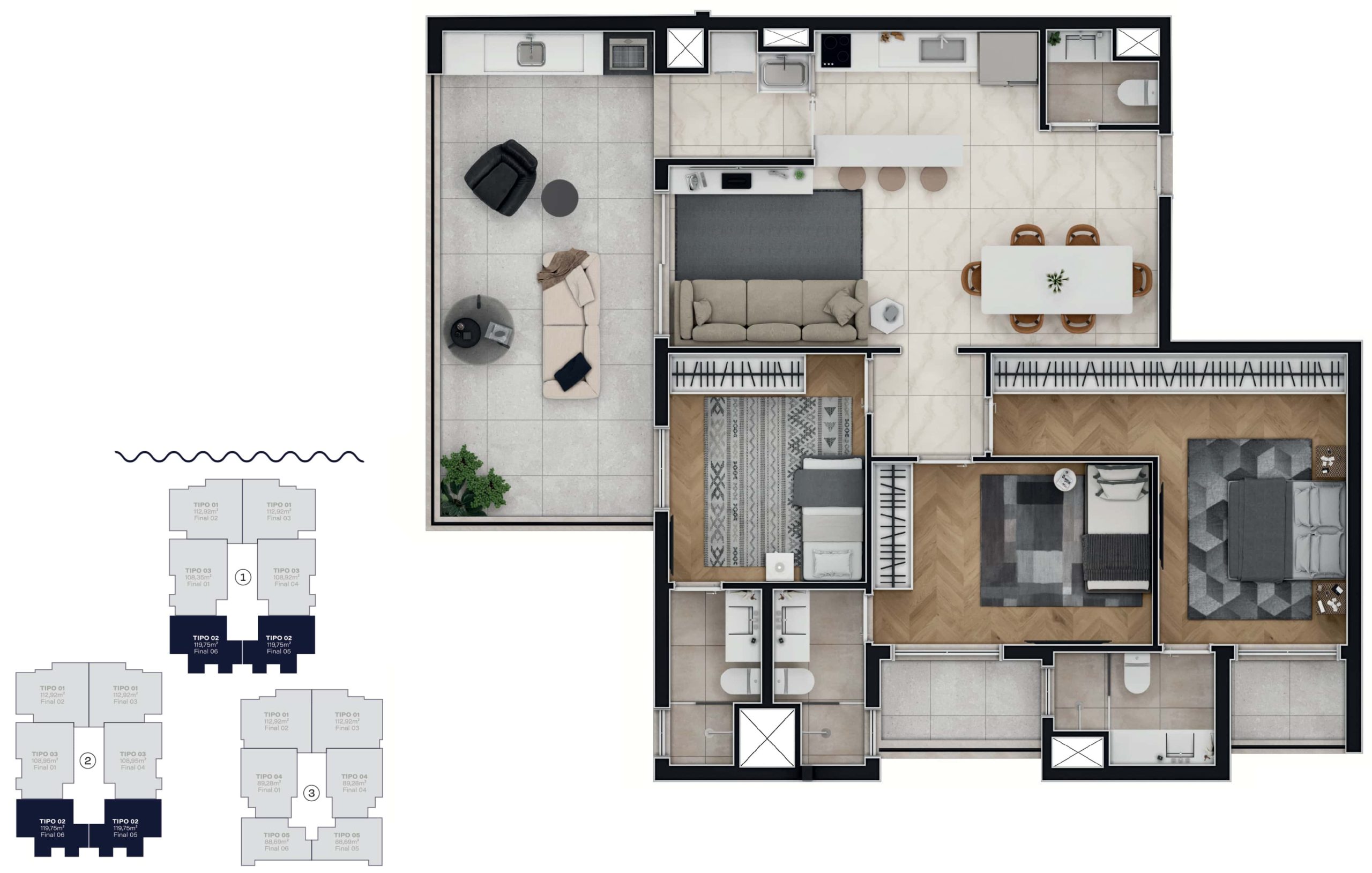 Unidade com 119,75 m² sendo 3 suites + 2 Vagas + hobby box<